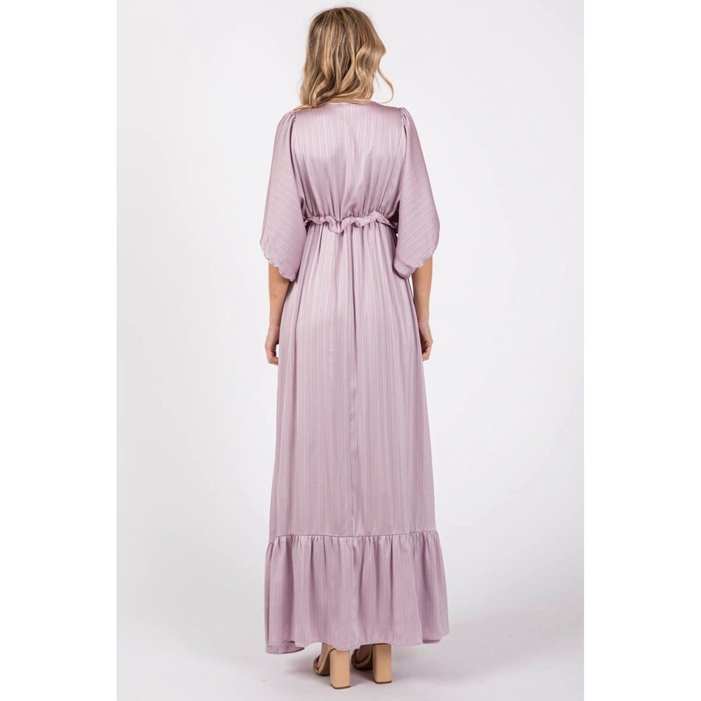 Vanilla Bay maternity long lilac V-neck pleated dress, size S - Picture 3 of 9